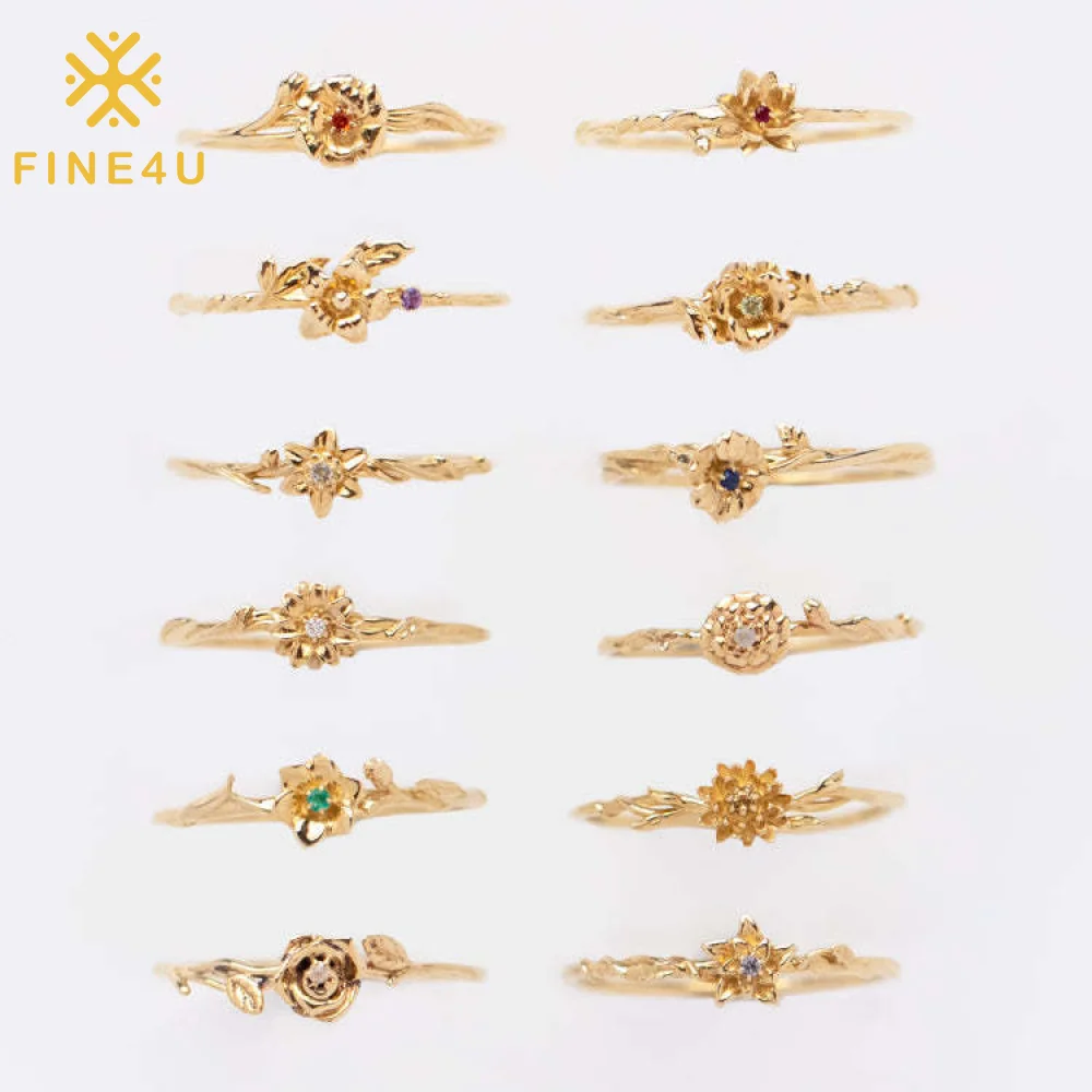 

New Arrival Delicate Women Jewelry Birthday Gift Brass Gold Plated Zirconia 12 Months Rose Birth Flower Ring