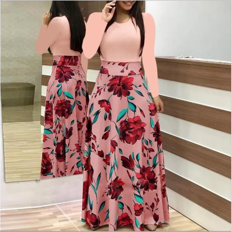 

Hot Sales Plus Size Women Autumn Dress 2020 Patchwork Vintage Floral Long Dresses Casual O-neck Long Sleeve Boho Party Dress set, Picture showed