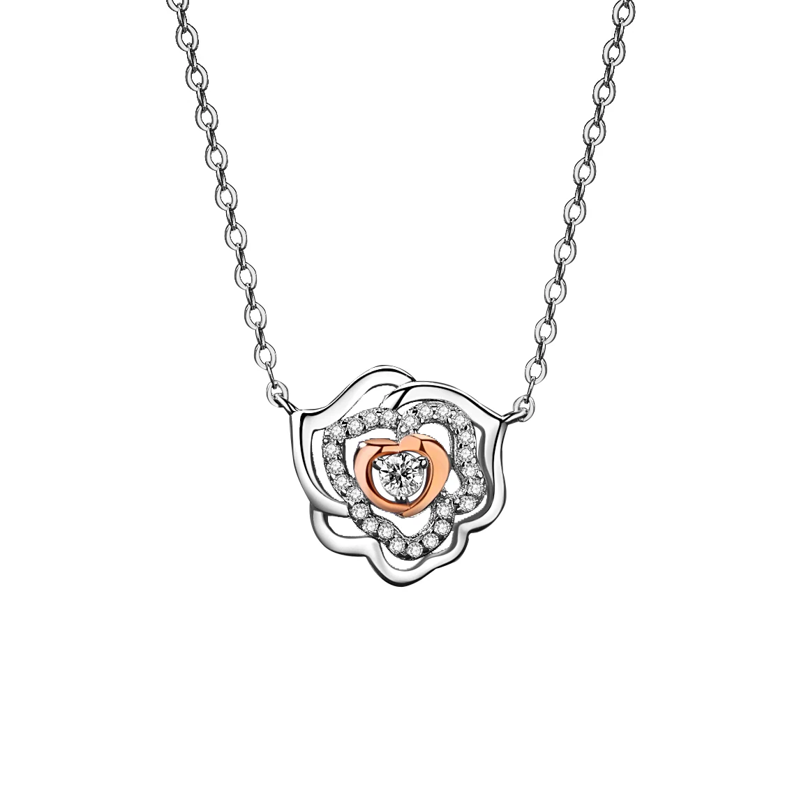 

Delicate Silver Jewelry Hollow Rose Flower Zircon Charm Pendant Necklace
