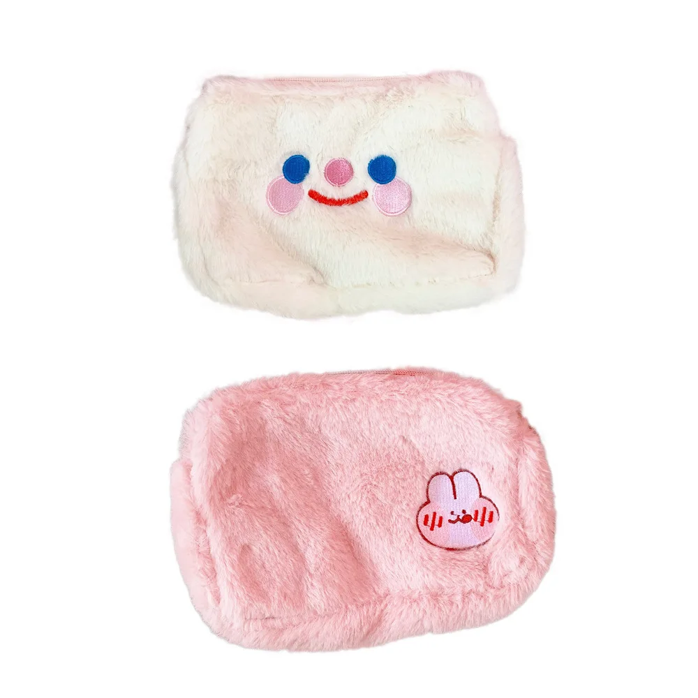 

Wholesale cute smile face furry makeup bag girls plush travel cosmetic pouch bag embroidery beauty bag, Customized