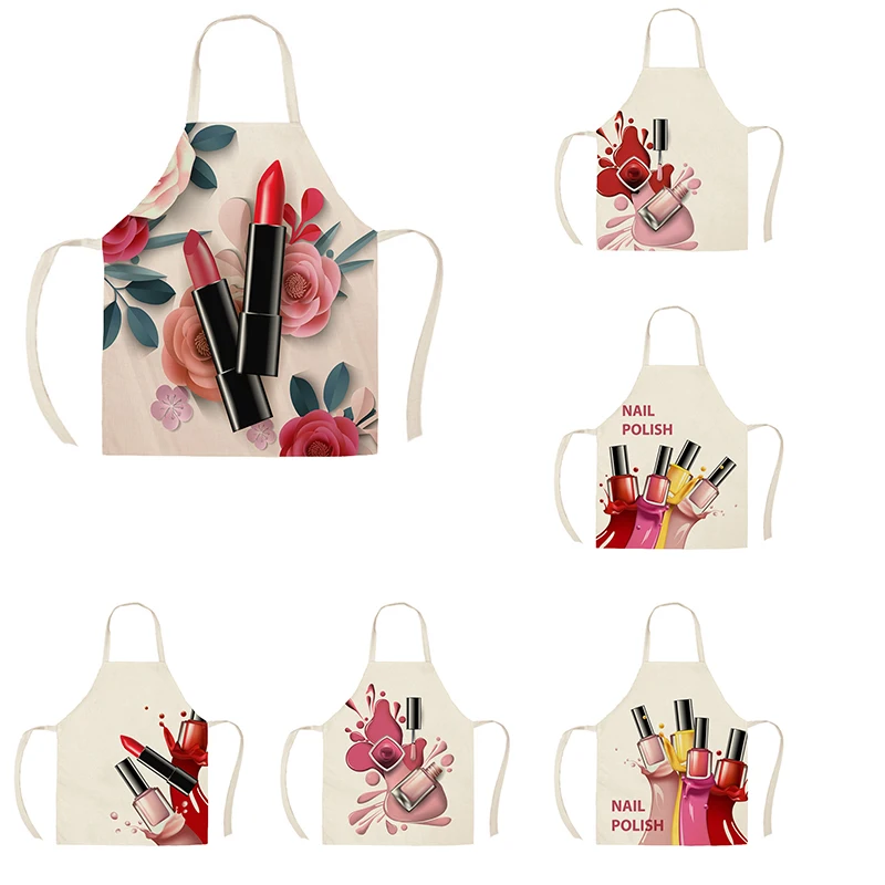 

1Pcs Kitchen Apron Nail Polish women flowers Printed Sleeveless Cotton Linen Aprons for Men Women Home Cleaning Tools 55*68cm