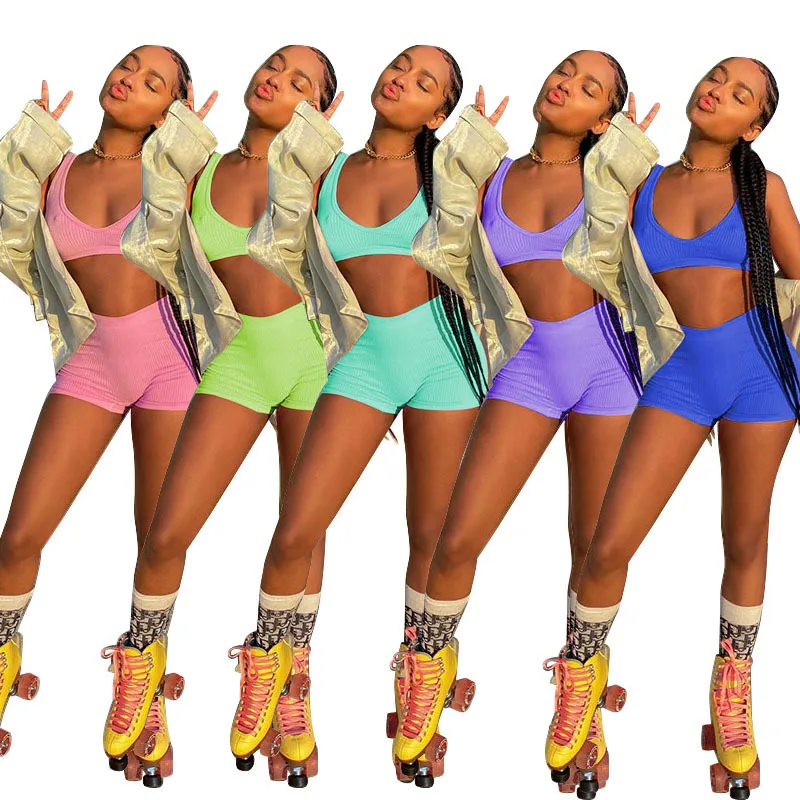 

Leisure short shipment womens two piece Summer hot two piece set shorts 2021 sunken stripe solid color two piece pants set short, Shown