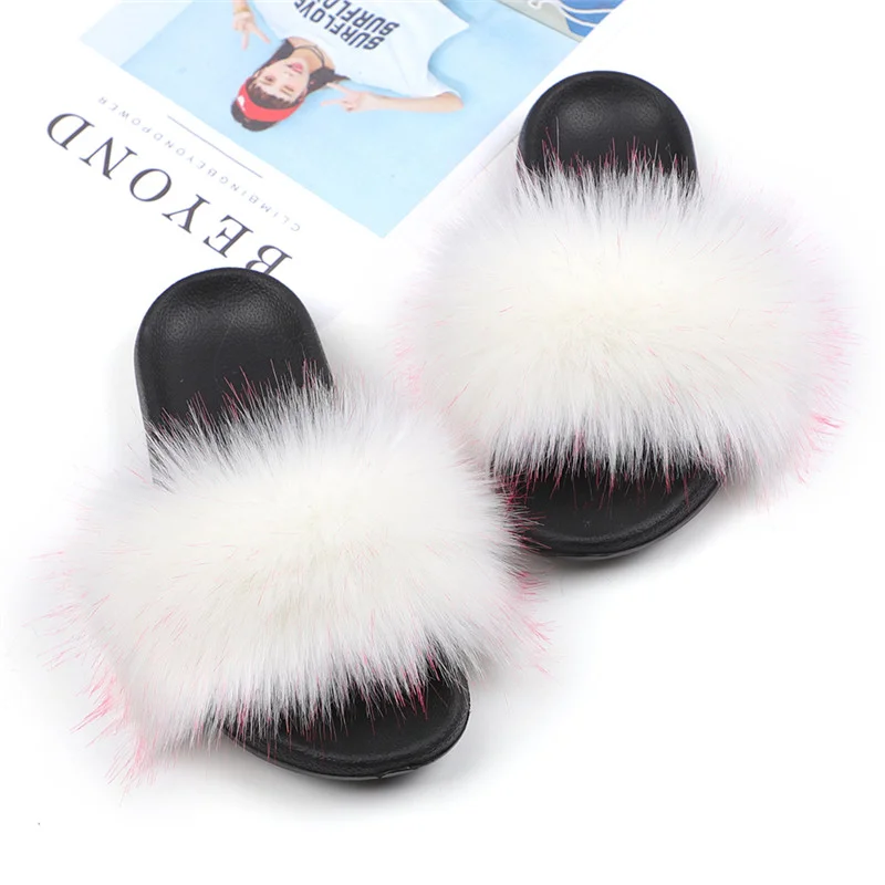 

Wholesale Custom Logo multi color Faux Fox Fur Slippers For Women fashion Soft Design Sandal Slipper Slides, As picture