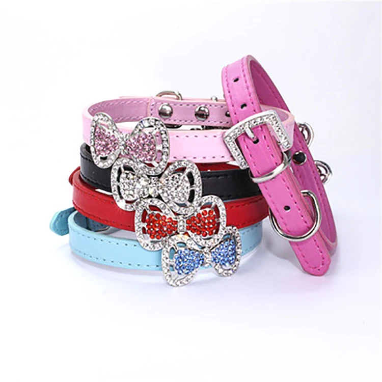 

Noble Adjustable Pet Collars Clasp Small Rhinestone Bowtie Dog Cat Leather Collar, Picture