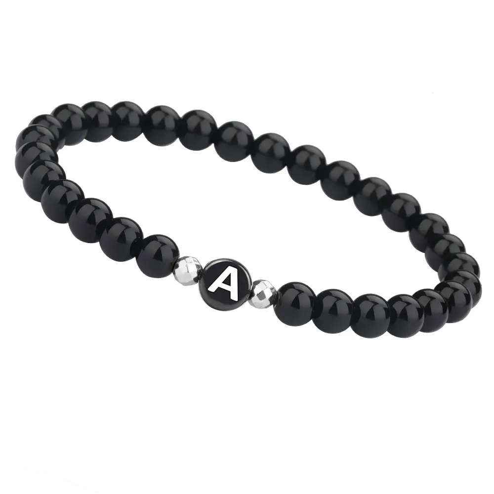 

New Smooth 6mm Black Initial Bead Bracelets 26 Letters Charms Bracelet Gifts for Women and Men, Black color