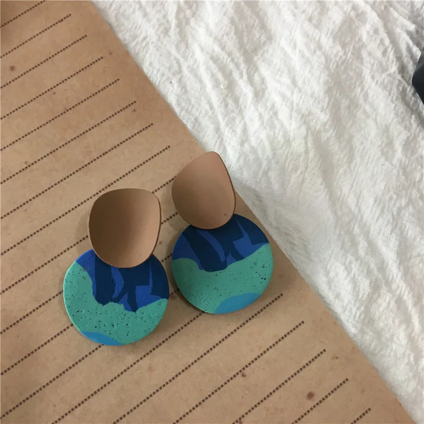 

New Fashion Colorful Disk Frosted Earrings Trendy Gold Plated Round Earrings