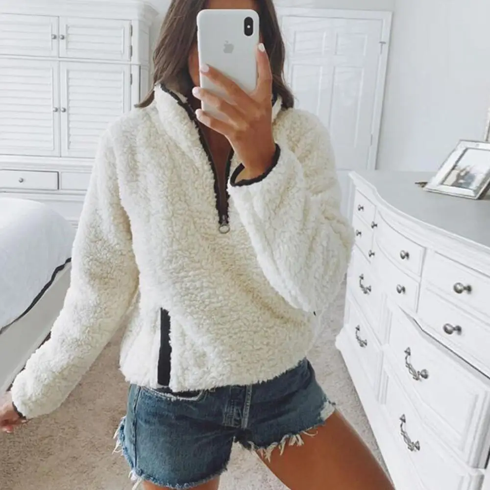 Monogram Sherpa tops Half-Zip Pullover Stand Collar Women Sherpa lined hoodie Coat Jumper pullover Women Sherpa Lined Hoodies Pu