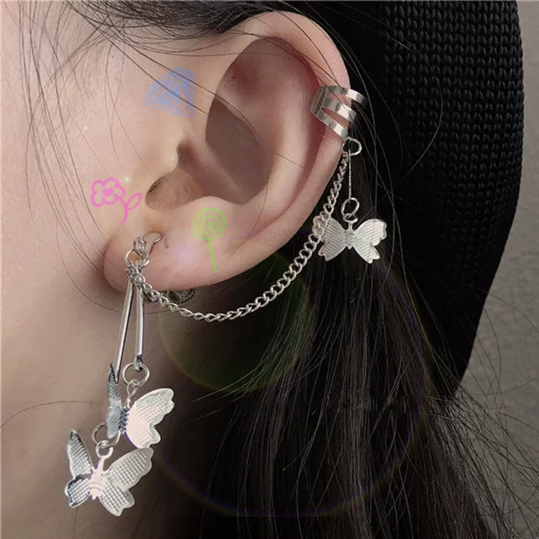 

1pc Korean decoration circle punk butterfly earrings 7BEADS pendant silver metal chain ear clip no ear hole tassel jewelry