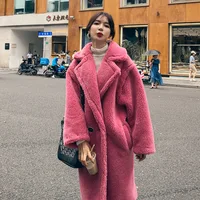 

European newest winter loose faux fur young women pink double-breasted mid-length casual lamb fur coats