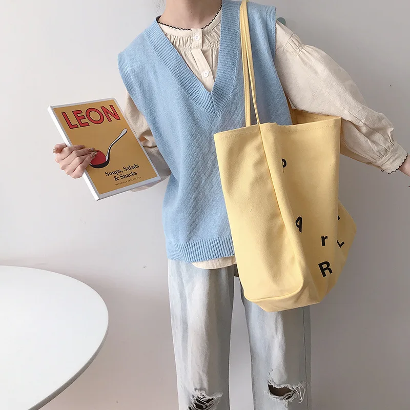 

KALANTA Women Cloth Cute Letters Extra Large Thick Cotton Print Big Shopping Bag Book Tote For Girls Canvas Shoulder Handbag