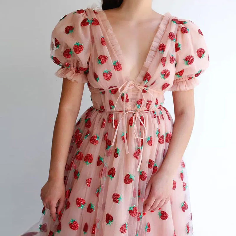 

2021 summer fashion womens party strawberry print maxi dress girls short sleeve classy casual dress