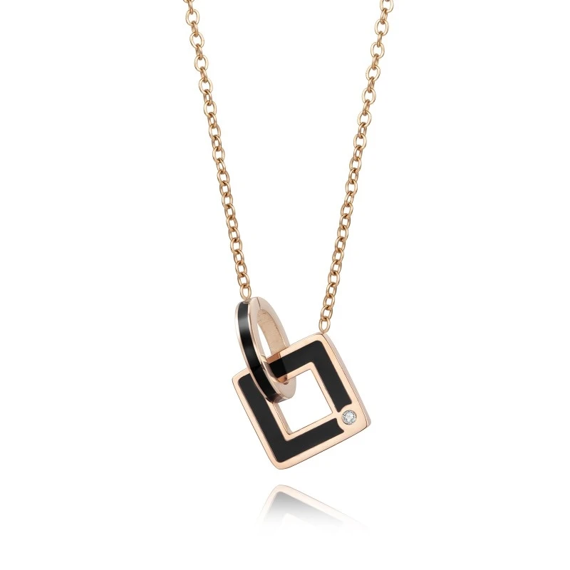 

N1077 Fashionable Geometry Rose Gold Stainless Steel Necklace Jewelry Women Diamond Double Ring Necklace, Picture shows