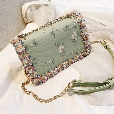 

Boshiho Wholesale Top Quality Flower Square PU handbag girls Shoulder pearl beaded messenger lace embroidery crossbody Bags
