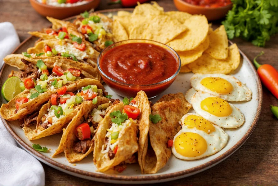 Colorful platter showing serrano chili sauce served with tacos, eggs, and tortilla chips