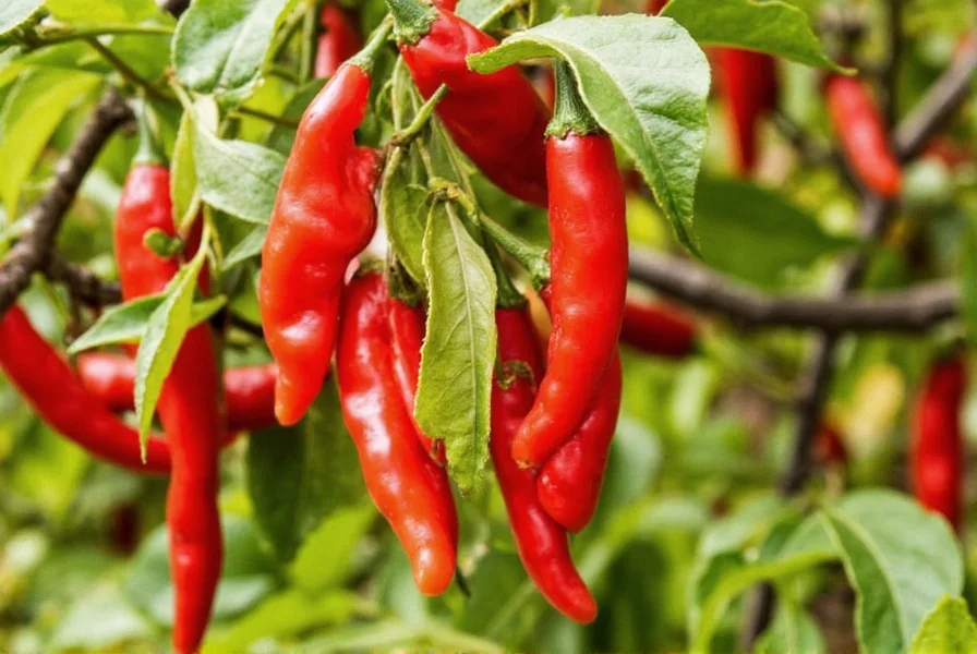Red and green serrano peppers in a cluster