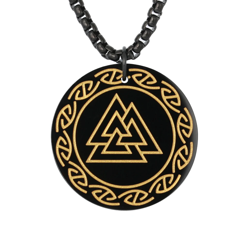 

Custom Design Round Viking Symbol Stainless Steel Celtic Runes Triangle Valknut Charm Pendant Necklace