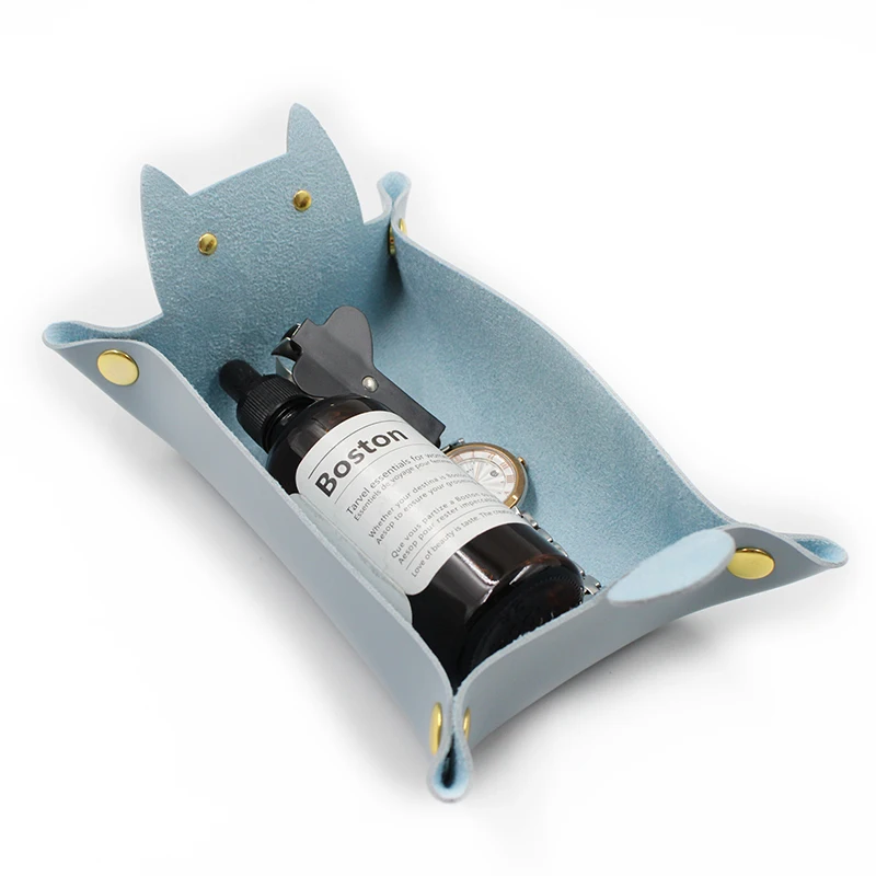 Dice Leather Tray Cat Shape Leather Storage Tray  Folding Tray With Velvet Cat Storage Boxes Catch