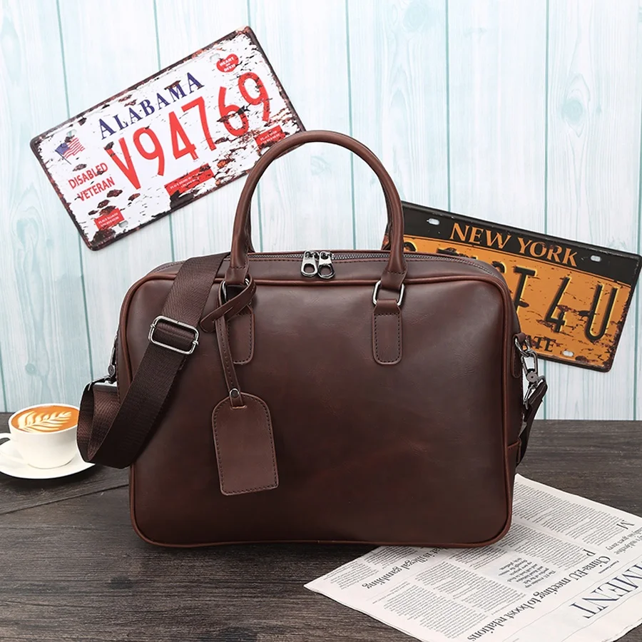 

Vintage Coffee Mens Handbag Briefcase Fashion Crazy Horse PU Leather Laptop Bag Crossbody Bag Large Capacity Solid Messenger bag, Customized