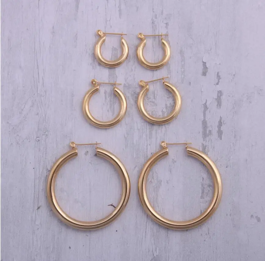 

Wholesale Hip Hop Women Thick Plain 18k Gold Bold hypoallergenic Earrings Hoops Stainless Steel Gold Hoop Earrings