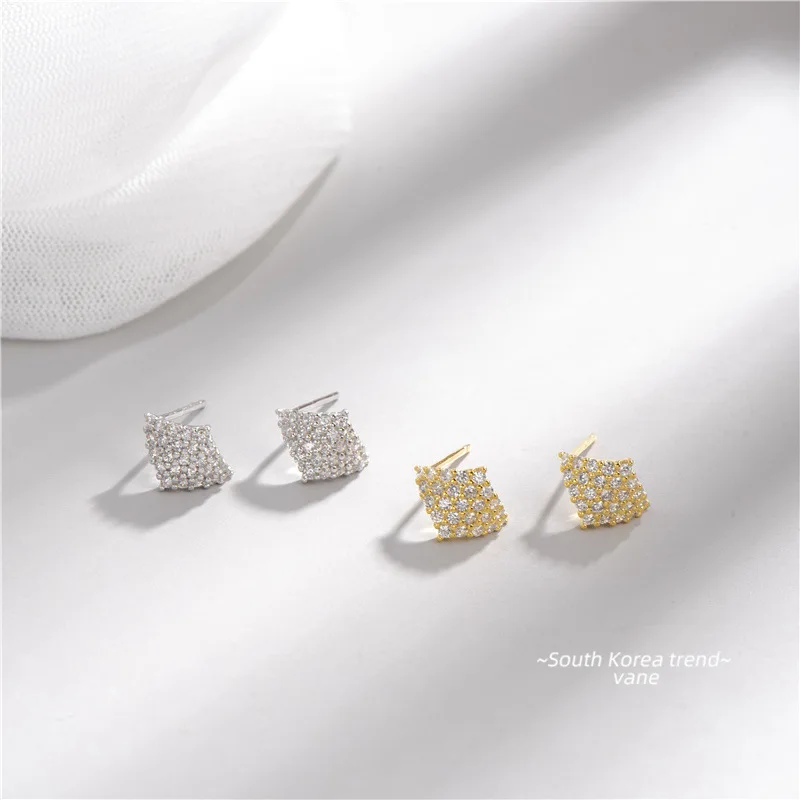 925 Sterling Silver Geometric Small Rhinestone Square Stud Earrings S925 Crystal Rhombus Stud Earrings for women