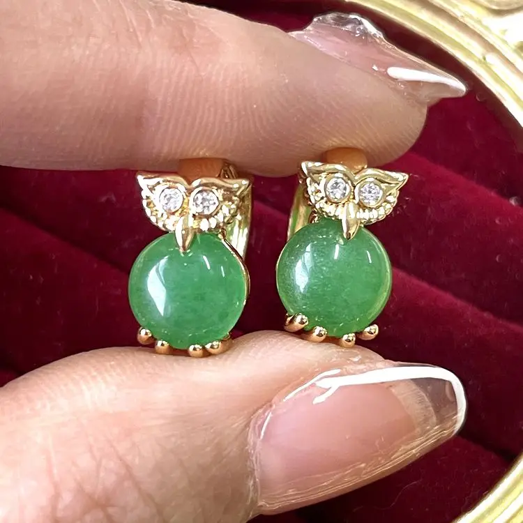 

2021 New green jade earring studs jade owl earrings for women gift, Picture shows