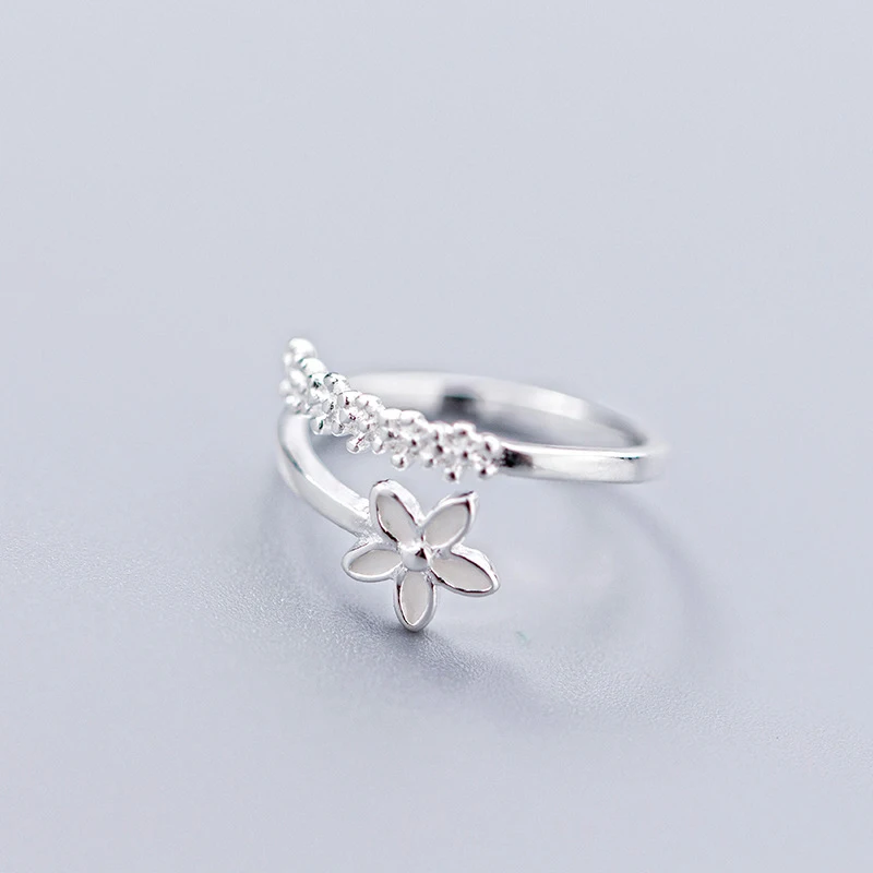 Genuine 925 Sterling Silver Fashion White Enamel Flower Adjustable Rings for Women Wedding Party Fine Jewelry