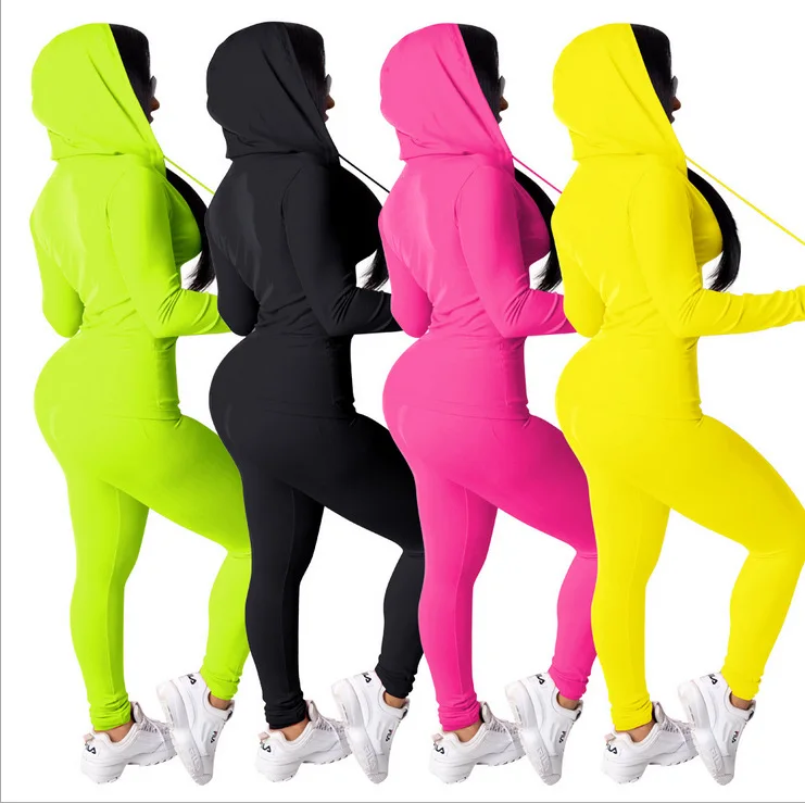 

Long Sleeve Wide neck Bodycon Solid Color Hoodie Women Sets Long Pants Casual Autumn Two Piece Sets