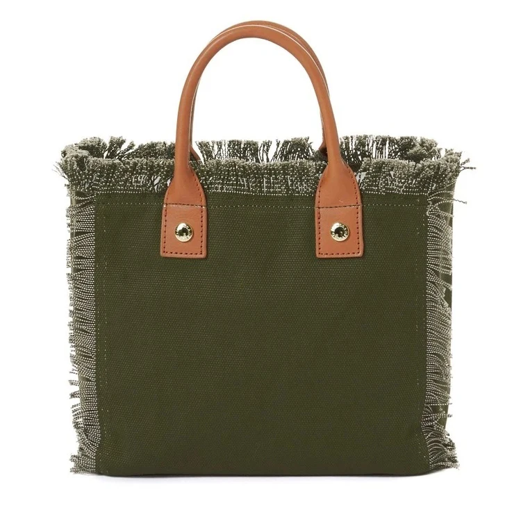 

Factory Supply High Quality Fashion Women Genuine Leather Cotton Beach Bag Custom Tassel Canvas Tote Bag With Leather Handle