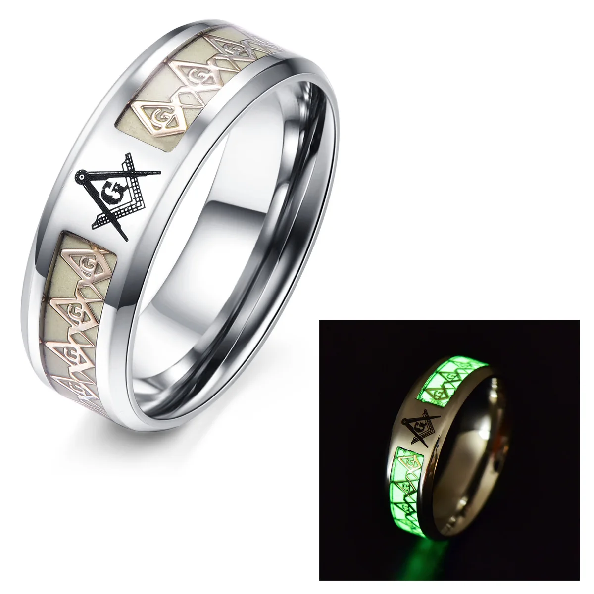 

High Quality 4 Different Designs Vintage Unisex Glow in the Dark Ring Luminous Free Mason&Dragon Jewelry, As photo