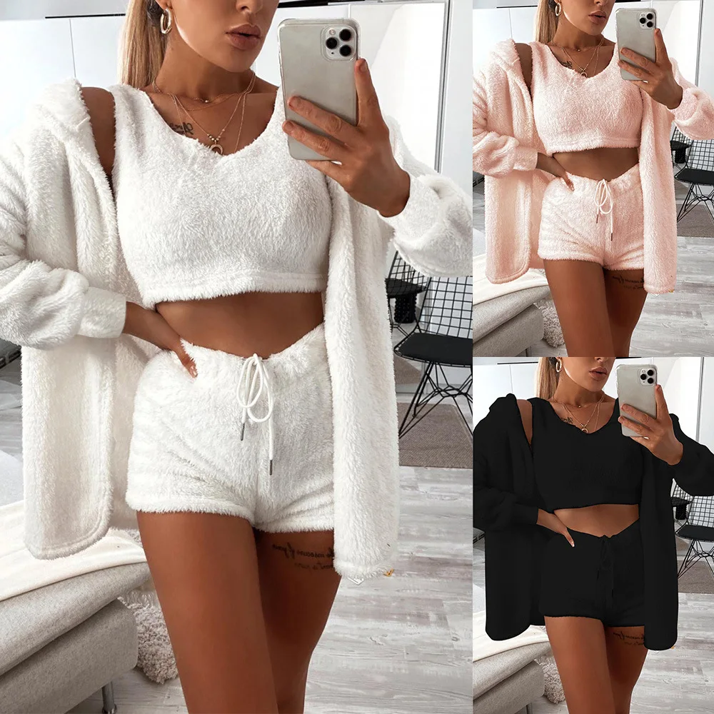 

Thicken Solid Plush Vest Hoodie Cardigan Shorts White Loungewear Set Crop Top Fluffy 3 Piece Pajama Set, Customized color