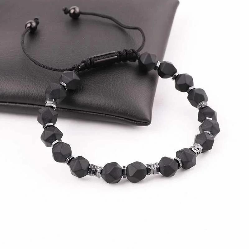 

New Design Fashion Natural Stone Matte Onyx Hematite Beads Custom Logo Macrame Bracelet Men