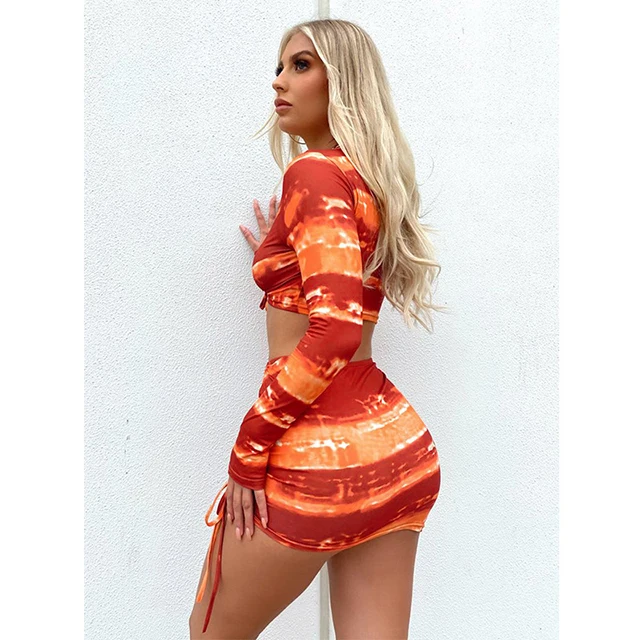 

Spring Fashion Outfit Printed Two Pieces Short Skirts And Tops Sets Woman Drawstring Women Two Piece Set Sexy Skirt -PT, Orange,black