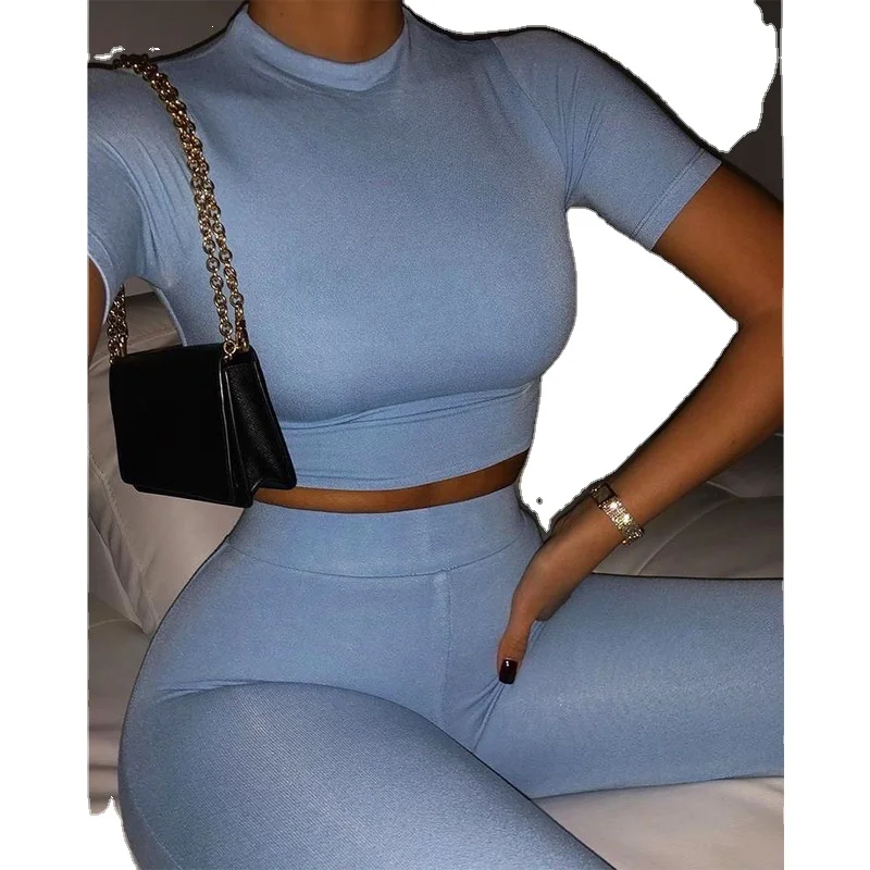 

New Round Neck Cheap Bare Waist Sexy Casual Sportswear High Waist Hip Lifting Daily Fitness Two Piece Set for Women