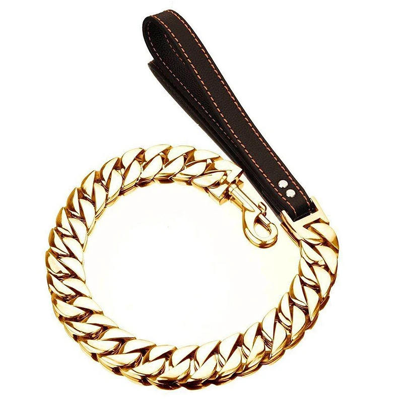 

Custom 32MM Dog Leashes Big Gold Dog Chain for Large Dogs Stainless Steel Pet Leash Chain with Leather Padded Handle, 18k gold