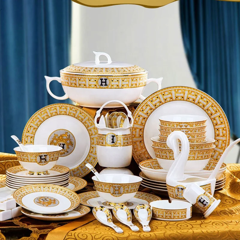 

Wholesale western European style bone china tableware 60 pieces ceramic plate bowl set porcelain dinner set