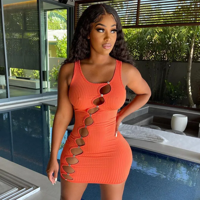

Hot sell Women Clothing Holes Sleeveless Bodycon Solid Color Women Mini Dresses