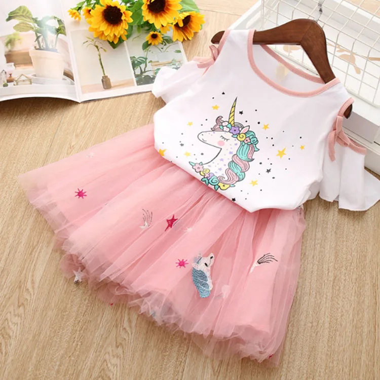 

Children's clothing suit summer new Korean printed short-sleeved T-shirt + fluffy skirt two-piece girls clothes set, Picture color