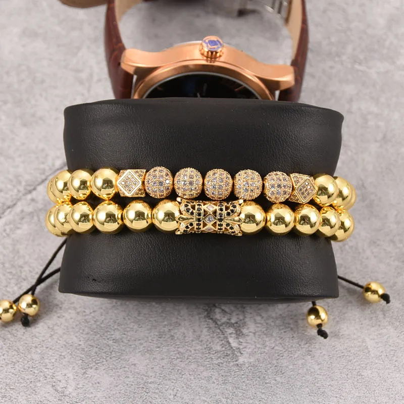 

2Pcs/Set Real Gold Plated Hollow Crystal Tube Beads Bracelet Micro Pave CZ Ball Charm Bracelet Set For Men Fashion Jewelry