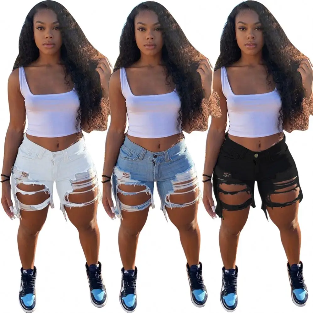 

2020 Hot Sale Women Three Solid Color Jeans Denim Shorts Sexy Fringe Light Wash Ripped Jeans Shorts, As pictures
