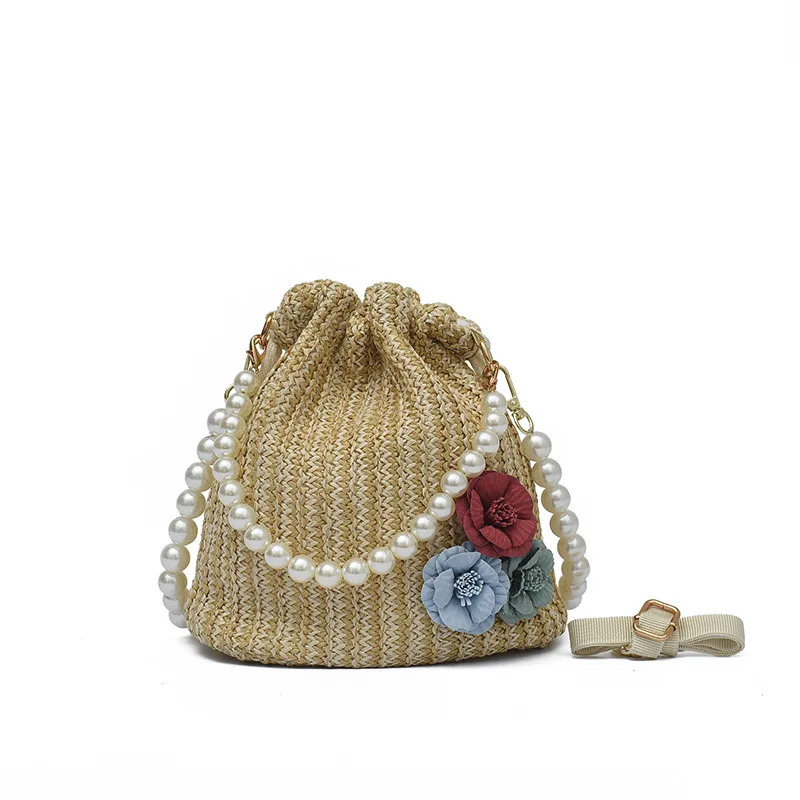 

Straw Bag 2021 New Design Pearl bucket bag Summer Women's Hand bag, Natural