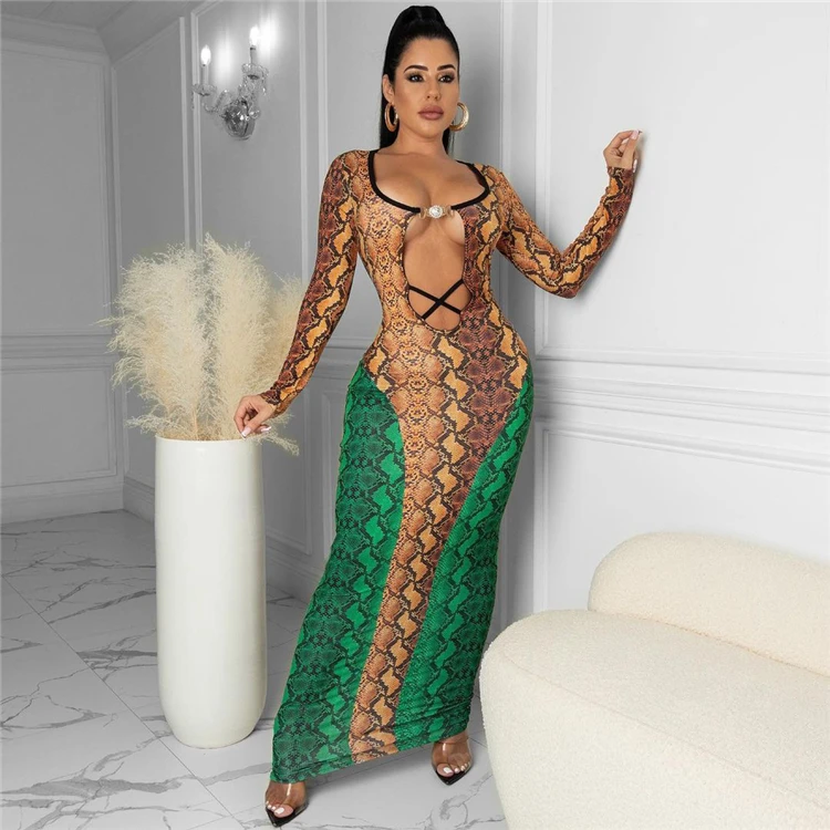 

New Arrival 2021 Autumn Long Sleeve Hollow Out Sexy Snakeskin Print Bodycon Dress Party Prom Maxi Dress