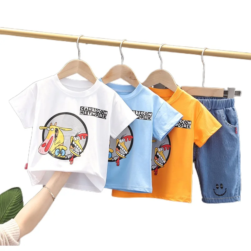 

boy casual summer short sleeve shirt setsYellow pants suit cartoon printing fan Korean summer foreign trade children's clot, White,light blue,yellow