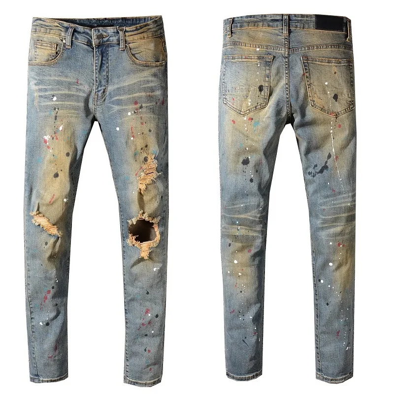 

New Italy Style #556# Men's Distressed Hollow Out Pants Oiled Old School Washed Blue Denim Skinny Jeans Slim Trousers Size 28-40