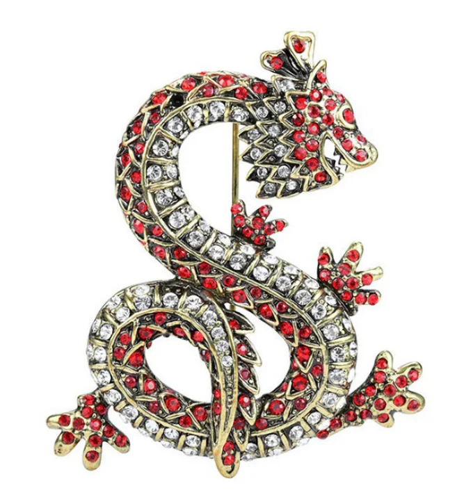 

6cm large Fashion red green rhinestone dragon brooch pins for men