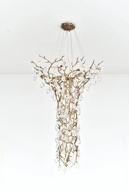 MEEROSEE Modern Hotel Large Tree Branch Chandelier Brass Hanging Light Fixture Crystal Long Chandelier for High Ceiling MD87001