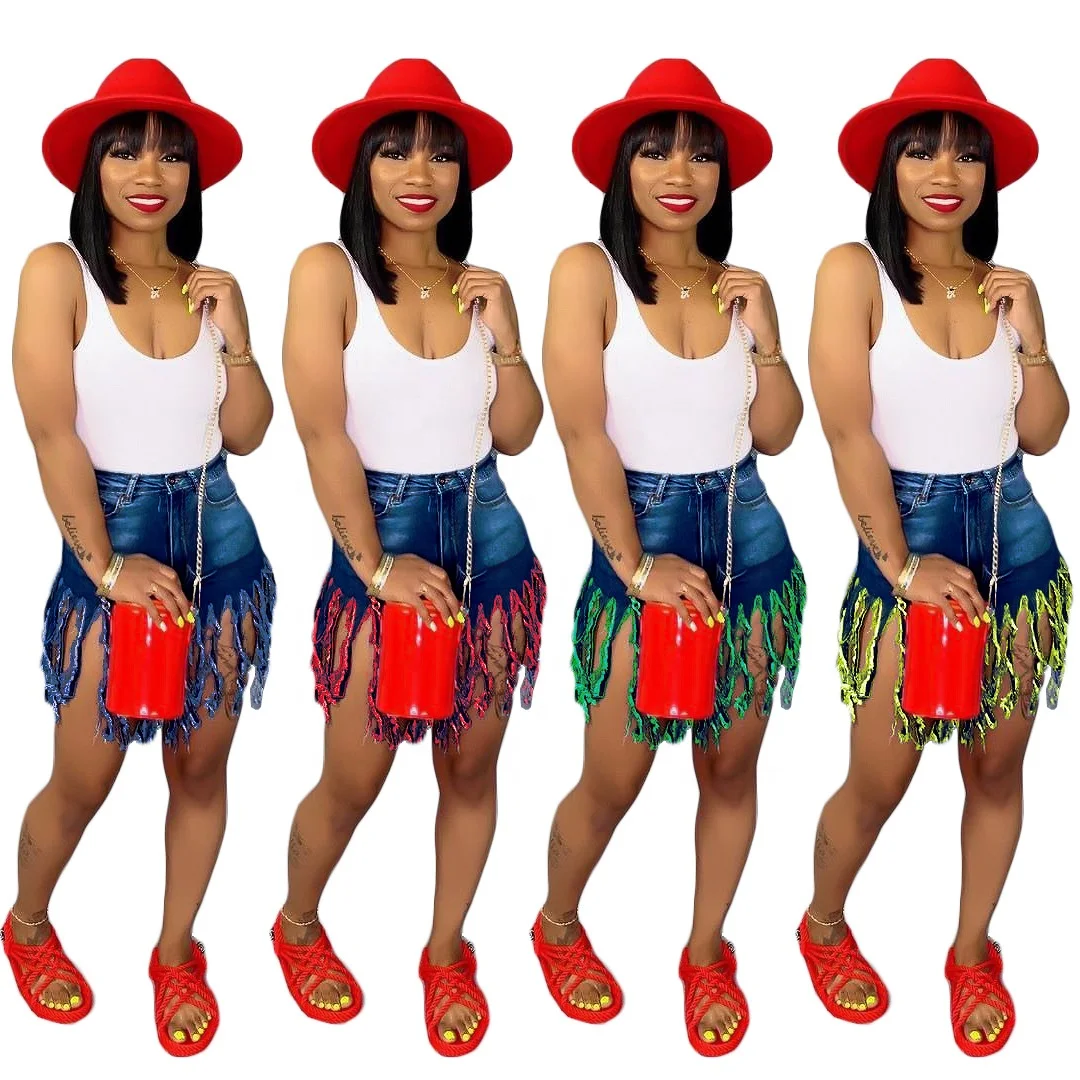 

LW-S3836 Tassels design summer women blue short denim jeans brushed hot fashion jean shorts, As picture or customized make