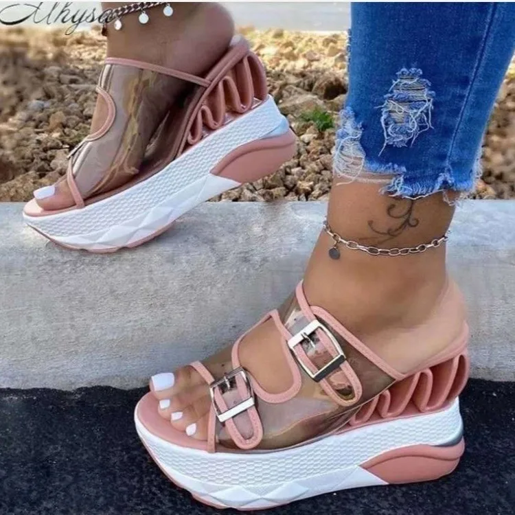 

Jelly Ladies Sandals Buckle Summer Shoes Platform Strap Women Wedges Thick Bottom Sandals, Black,pink,yellow