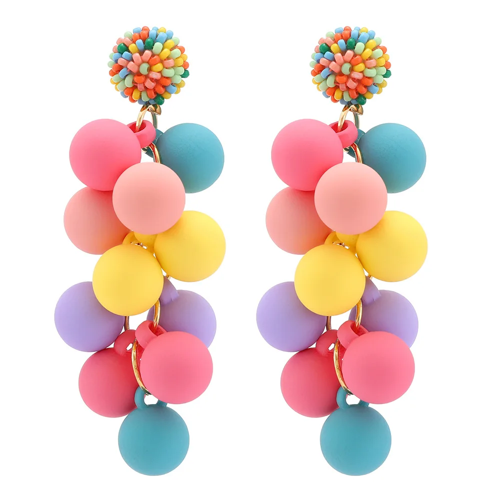 Hot Selling Color Ball Acrylic Long Pendant Earrings Candy Ball Beaded Summer Beach Long Earrings Jewelry Wholesale