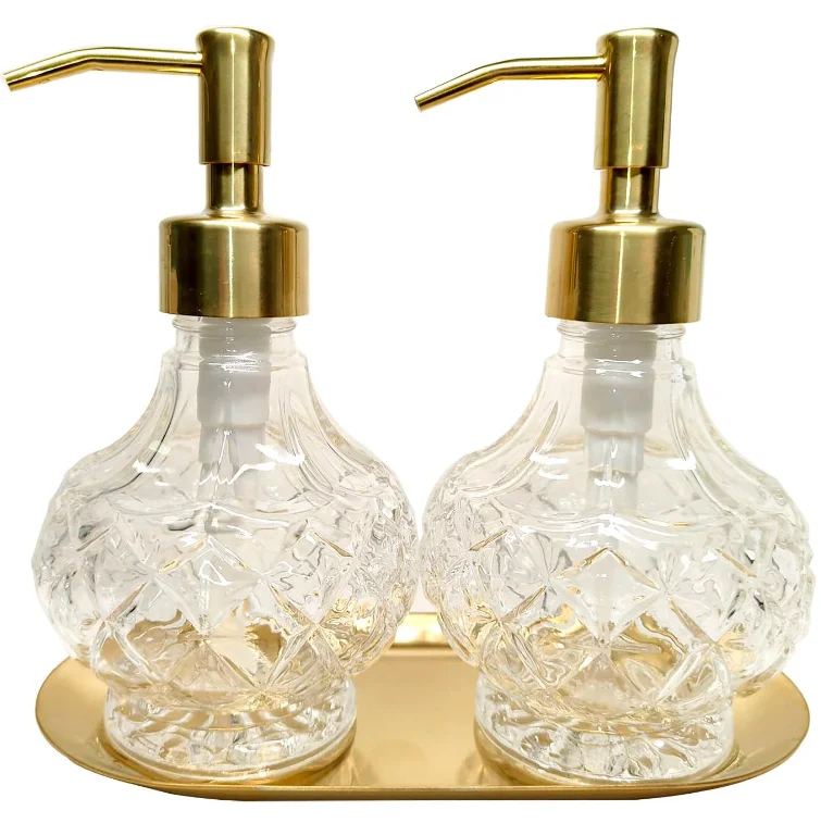 

Glass Soap Dispenser with Pump and Stainless Steel Tray.Vintage Soap Dispenser Bathroom Kitchen Set