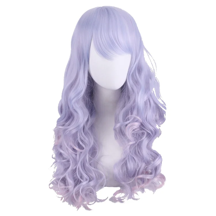 

Light Purple Mixed Color Light Red Bangs Long Curly Hair Lolita Cosplay Hair High Temperature Silk COS Wig, Pic showed